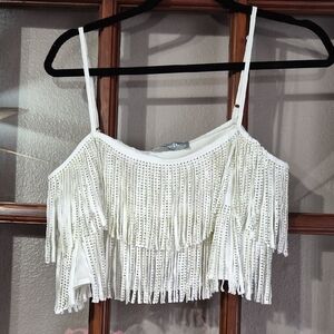 Blue b. Collection Women's White Fringe Sequin Crop Tank Top